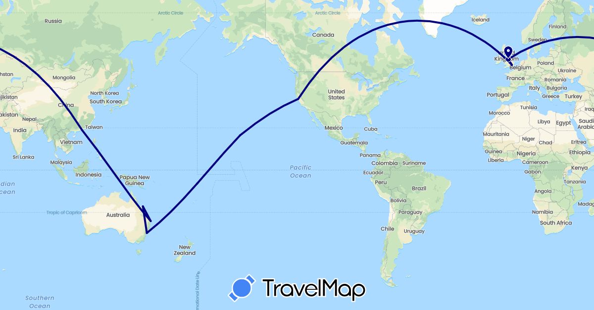 TravelMap itinerary: driving in Australia, China, United Kingdom, United States (Asia, Europe, North America, Oceania)